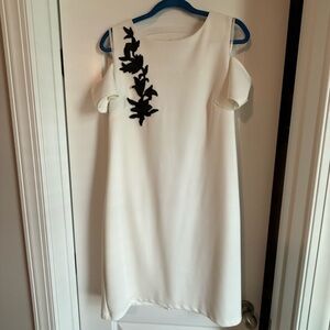 Sharagano White Cold Shoulder Sheath Dress with Black Appliqué